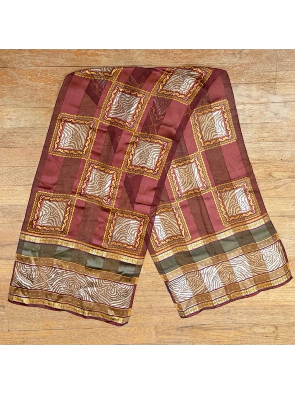Vintage Mixed Print Silk Scarf 90s Tiger Stripes Geometric Filigree Opaque/Sheer
